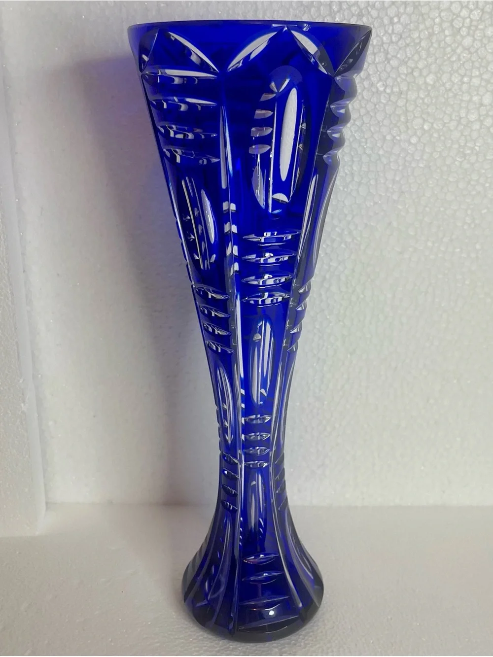Vintage Cobalt Blue Cut Crystal Vase 12” Pedestal Geometric Art Glass Heavy Read